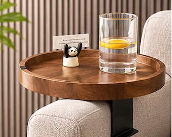 Clip-On Sofa Arm Table, Walnut Wood Couch Armrest Tray, Round Side Table for Sofa, Drink Holder Tray, Living Room Furniture, Gift for Home
