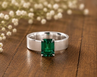 Emerald Solitaire Ring, Lab Grown Green Gemstone, Silver Band, Elegant Promise Style