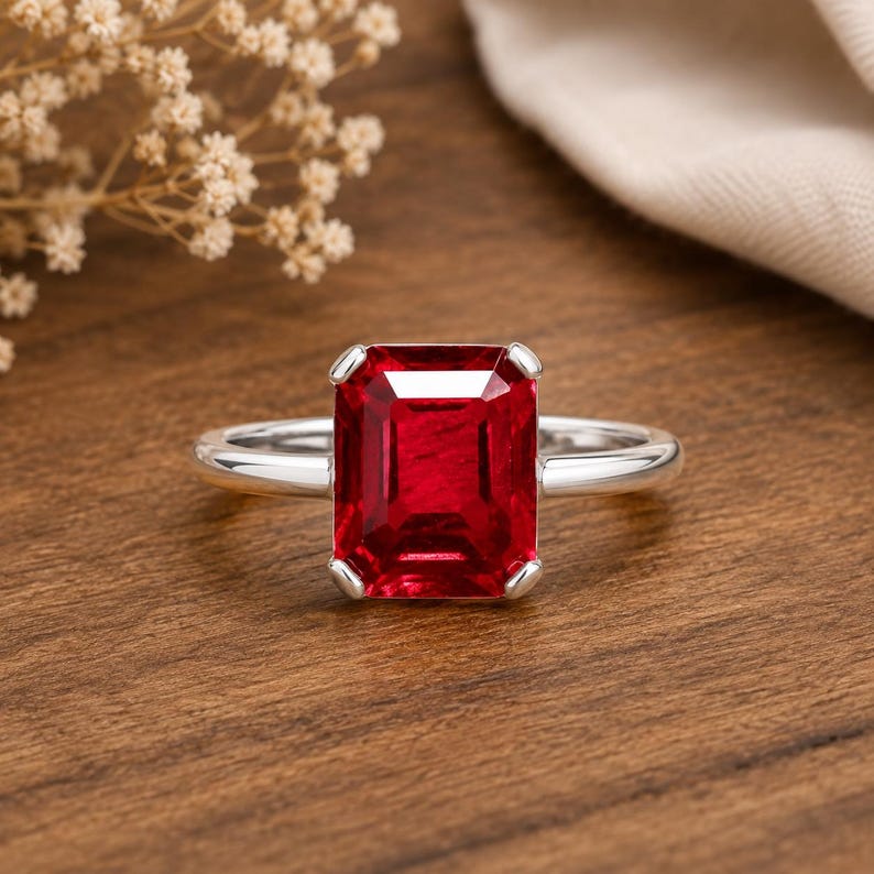 May include: A silver ring featuring a large, rectangular, emerald-cut vibrant red gemstone set in a four-prong setting. The band is smooth and polished, showcasing a clean, metallic finish that complements the deep red colour of the centre stone.