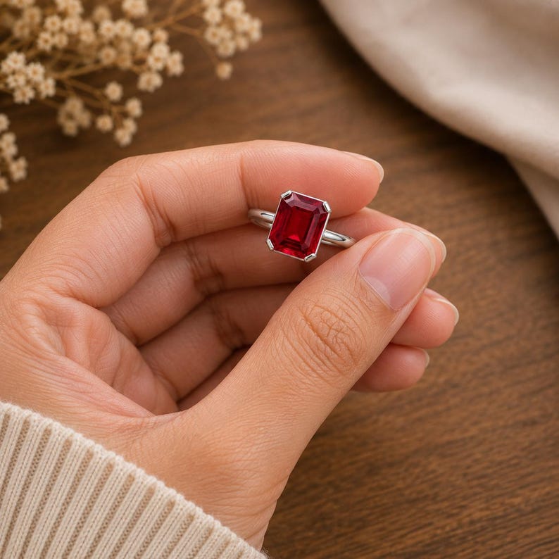 May include: A silver-toned ring featuring a large, rectangular, emerald-cut red gemstone set in a four-prong setting. The vibrant red stone is positioned centrally on a smooth, polished metal band, showcasing a clear, faceted surface design.