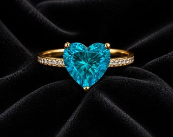 Heart Shape Aqua Blue Zircon Ring, 925 Sterling Silver Gold Plated, Faceted Gemstone