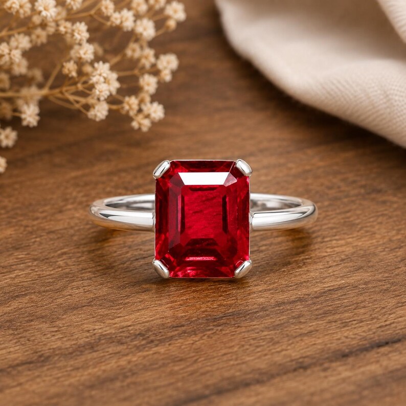 May include: A silver ring featuring a large, rectangular, emerald-cut vibrant red gemstone set in a four-prong setting. The band is smooth and polished, showcasing a clean, metallic finish that complements the deep red colour of the centre stone.