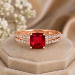 Ruby Cushion Cut Gemstone Ring, Rose Gold Ring, lab grown Red Gemstone Statement Ring, Elegant Cocktail Ring, Gift for Her