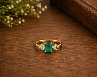 Emerald Cut Green Zircon Gold Plated Ring, Leaf Side Stone Gemstone
