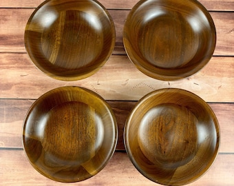 Vintage Vermillion Real Walnut Bowls Set of 4 Mid Century Modern Wooden Salad Bowls MCM Tableware Retro Dining Barware Entertaining Decor