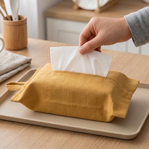 May include: A rectangular mustard yellow fabric tissue box cover with a small side loop handle. The cover is made of a textured textile material and features a central slit opening from which a single white paper tissue is being pulled upwards.