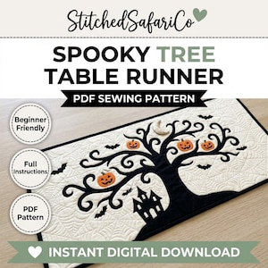 May include: A PDF sewing pattern for a Spooky Tree Table Runner by StitchedSafariCo. The runner features a black tree silhouette, orange jack-o'-lanterns, a haunted house, and bats on a white quilted background with spiderweb stitching.