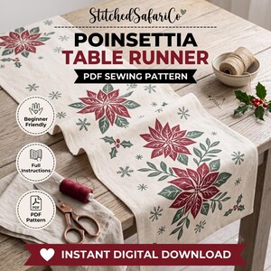 Christmas Table Runner Placemats Quilt Pattern PDF, Scandinavian Poinsettia Nordic Sewing Set, Farmhouse Holiday Table Decor Beginner Gift