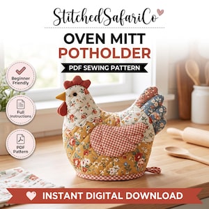 Patron de couture PDF d'une manique poule, manique matelassée, dessous de plat décoratif pour cuisine de style campagnard, idée cadeau à télécharger pour débutants