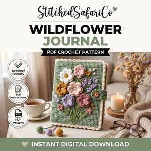 Crochet Book Cover Pattern PDF, 3D Flower Bible Journal Case, Tassel Button Closure Notebook Sleeve, Floral Cottagecore Reading Gift for Her