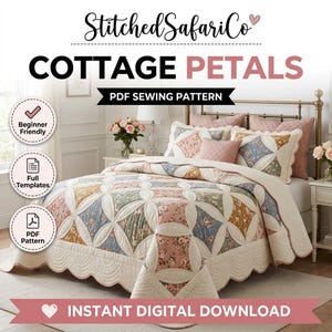 May include: A PDF sewing pattern titled StitchedSafariCo Cottage Petals featuring a quilt with a scalloped edge and floral patterns in pink, blue, and mustard yellow. The design includes circular and diamond shapes on a cream background.