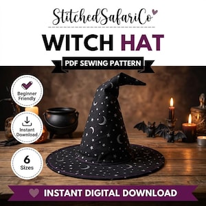 May include: A black witch hat with a silver moon and star pattern, featured in a PDF sewing pattern by StitchedSafariCo. The design includes a wide brim and a pointed crown. The image displays text indicating it is an instant digital download.