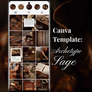 Pode incluir: Uma tela de smartphone exibindo uma grade de modelos do Canva com uma estética escura e terrosa. A grade apresenta vários designs de postagens para redes sociais em tons de marrom, bege e creme, incluindo sobreposições de texto e fotos.