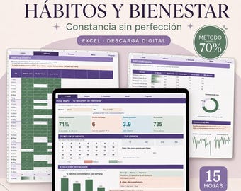Puede incluir: Un planificador digital de hábitos y bienestar en la pantalla de un portátil y dos hojas de fondo. La interfaz presenta tonos morados y blancos con gráficos, calendarios y seguimiento de progreso. El texto incluye PLANNER DE HÁBITOS Y BIENESTAR, Constancia sin perfección, EXCEL, DESCARGA DIGITAL, MÉTODO 70% y 15 HOJAS.
