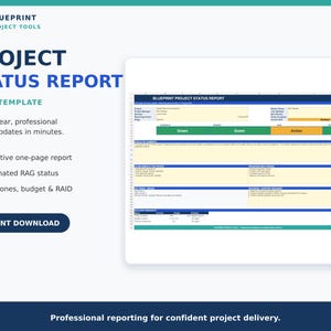 May include: A digital project status report Excel template featuring a white background with blue text. The document includes sections for executive summary, key risks, issues, and a RAG status tracker with green and amber colour-coded indicators.