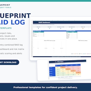 Könnte beinhalten: Eine Blueprint RAID Log Excel-Vorlage mit einem Projektmanagement-Dashboard, das eine RAID-Zusammenfassung, aktive Elemente nach Typ und Status sowie eine 5x5-Risikomatrix enthält. Die Benutzeroberfläche umfasst blaue und weiße Kopfzeilen zur Nachverfolgung von Projektrisiken, Annahmen, Problemen und Abhängigkeiten.