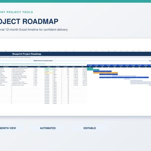Op de afbeelding: Een digitale projectroadmap-sjabloon voor Excel met een tijdlijn van 12 maanden. Het document bevat kolommen voor project-ID, werkstroom, mijlpaal, eigenaar, status, prioriteit, voortgang, startdatum en einddatum met een Gantt-grafiek.