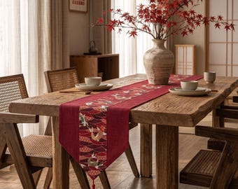 Runner da tavola giapponese con gru, decorazione da tavola intrecciata rossa, centrotavola giapponese, arredamento asiatico per la casa, complemento d'arredo di lusso, regalo per l'inaugurazione della casa