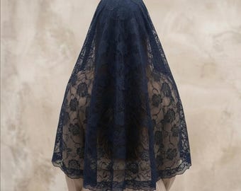 Velo de capilla de encaje azul marino, 135 cm - Mantilla católica tradicional para misa, talla grande