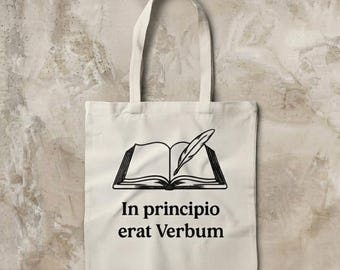 Bolso tote católico latino, bolso de algodón crudo para libros, asas largas