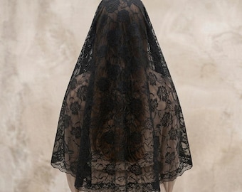 Velo de capilla de encaje negro, 135 cm - Mantilla católica tradicional para la misa, talla grande