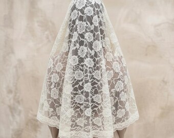 Velo de capilla de encaje blanco natural, 135 cm - Mantilla católica tradicional para la misa, talla grande.