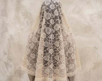 Velo de capilla de encaje beige, 135 cm - Mantilla católica tradicional para la misa, talla grande