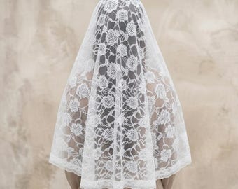 Velo de capilla de encaje blanco como la nieve, 135 cm - Mantilla católica tradicional para la misa, talla grande