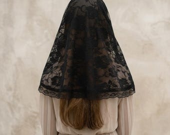 Velo de capilla de encaje negro, 85 cm - Mantilla católica tradicional para la misa, talla estándar