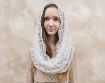 Mantilla de encaje color blanco roto con lazo, velo para capilla, tocado para iglesia católica (55 x 50 cm)