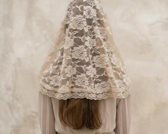 Velo de capilla de encaje beige, 85 cm - Mantilla católica tradicional para misa, talla estándar