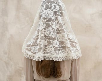 Velo de capilla de encaje blanco natural, 85 cm - Mantilla católica tradicional para la misa, talla estándar
