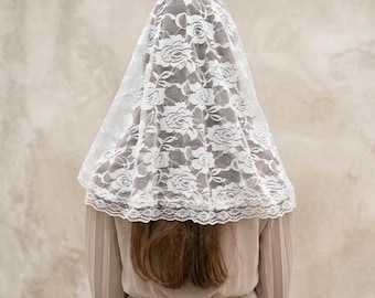 Velo de capilla de encaje blanco como la nieve, 85 cm - Mantilla católica tradicional para la misa, talla estándar