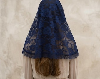 Velo de capilla de encaje azul marino, 85 cm - Mantilla católica tradicional para misa, talla estándar