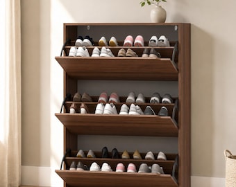 3 Drawer Shoe Cabinet for Entryway, Narrow Flip Drawer Shoe Storage, Modern Wooden Organizer for Hallway Apartment