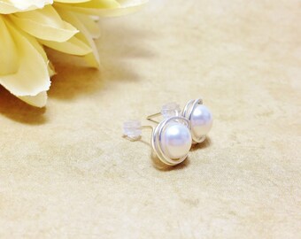 Pearl Earring Studs Sterling Silver Wire Wrapped Earrings Swarovski Crystal White Pearl Handmade Bridal Jewelry Bridesmaids Gift Ideas