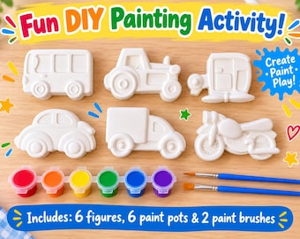 Full Vehicle Set -DIY Plaster Painting Kit, Paint Your Own Figures, Birthday Party Activity