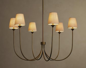 Luxe ronde kroonluchter Saige uit de jaren 50 in mid-century modern stijl | Metalen hanglamp met 6 lampen en stoffen kappen voor de woonkamer en eetkamer