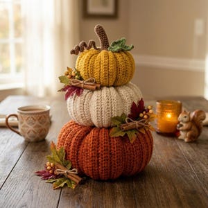 May include: A stack of three crocheted pumpkins in mustard yellow, cream, and burnt orange. The pumpkins are decorated with artificial autumn leaves, small berries, and cinnamon sticks tied with twine. The top pumpkin features a brown stem.