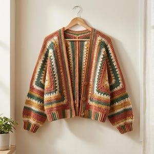 May include: A long-sleeve crochet cardigan featuring a geometric granny square pattern in earthy tones of terracotta, forest green, mustard yellow, and cream. The garment has a V-neckline, a button-front closure with three round buttons, and ribbed cuffs.
