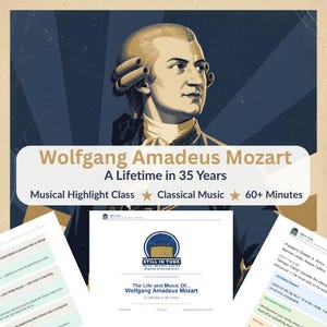 Op de afbeelding: Een digitale afbeelding met een portret van Wolfgang Amadeus Mozart met de tekst "Wolfgang Amadeus Mozart A Lifetime in 35 Years Musical Highlight Class Classical Music 60+ Minutes" en bijbehorende educatieve documenten.
