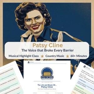 Peut inclure: Une impression graphique présentant une illustration stylisée de Patsy Cline avec le texte Patsy Cline The Voice that Broke Every Barrier Musical Highlight Class Country Music 60+ Minutes, accompagnée de documents imprimés intitulés The Life and Music Of Patsy Cline.
