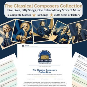 Könnte beinhalten: Das Lehrmaterial The Classical Composers Collection zeigt eine Kopfzeile mit fünf historischen Komponistenporträts, gefolgt von einem Dokument mit dem Titel The Classical Composers Collection, Five Lives, Fifty Pieces, One Extraordinary Story of Music.