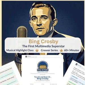 Könnte beinhalten: Eine grafische Illustration von Bing Crosby hinter einem Mikrofon mit dem Text Bing Crosby The First Multimedia Superstar Musical Highlight Class Crooner Series 60+ Minutes, neben Dokumenten mit dem Titel The Life and Music Of Bing Crosby.