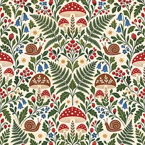 May include: A repeating pattern featuring red and white spotted mushrooms, brown snails, green fern fronds, small white flowers, blue bell-shaped flowers, and clusters of red berries on a cream-colored background in a symmetrical botanical design.