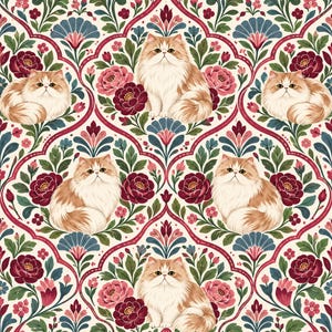 May include: A repeating pattern featuring fluffy ginger and white long-haired cats interspersed with deep red peonies, blue lotus-like flowers, and green foliage on a cream background. The design is framed by curved, decorative red lines.