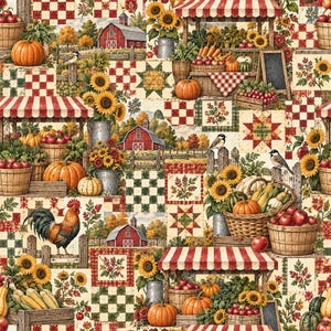 May include: A fabric pattern featuring a repeating collage of red barns, sunflowers, pumpkins, apples, and roosters. The design includes red and white striped market stalls, woven baskets, and checkered quilt blocks in red, green, and cream.
