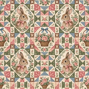 Puede incluir: Un patrón de tela repetitivo que presenta conejos marrones con lazos rosas dentro de coronas florales, alternando con cestas de rosas rosas atadas con cintas azules, sobre un fondo de bloques de edredón a cuadros rosas, verdes y azules.