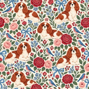 May include: A repeating pattern featuring Cavalier King Charles Spaniels with chestnut and white fur, interspersed with red and pink roses, small blue flowers, green foliage, red berries, and light blue ribbons on a cream-colored background.