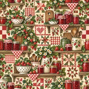 May include: A repeating pattern featuring shelves filled with jars of red strawberry jam, bowls of fresh strawberries, wooden spoons, and white pitchers decorated with strawberry motifs, interspersed with red and white checkered quilt blocks.
